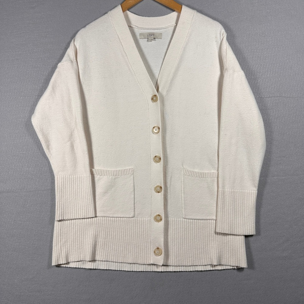 Loft Womens Cream V-Neck Button Front Cozy Cardigan Sweater Large Ivory Pockets